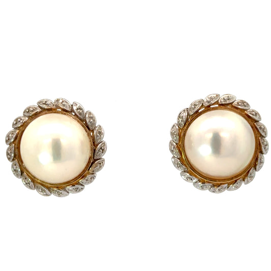 14K Yellow Gold Mother of Pearl & Diamond Earrings White Gold Leaf Halo