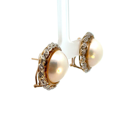 14K Yellow Gold Mother of Pearl & Diamond Earrings White Gold Leaf Halo