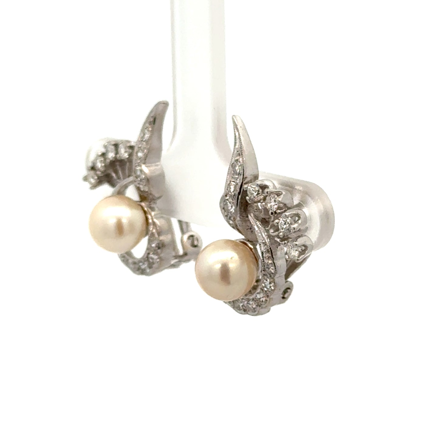 14K White Gold Diamond Pearl Leaf Scroll Clip-On Earrings Vintage