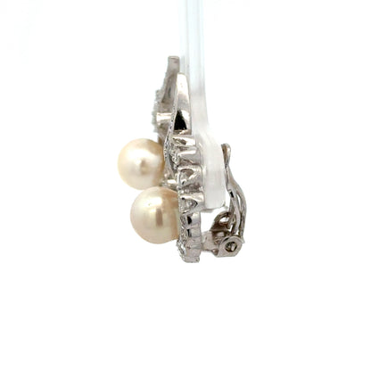 14K White Gold Diamond Pearl Leaf Scroll Clip-On Earrings Vintage