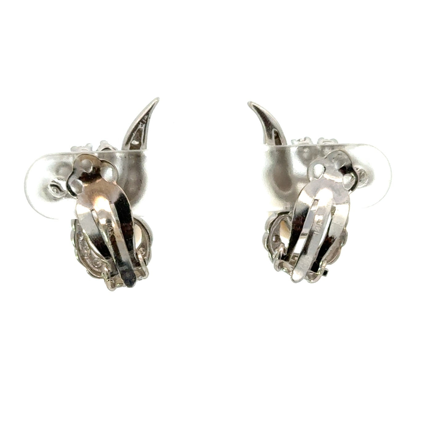 14K White Gold Diamond Pearl Leaf Scroll Clip-On Earrings Vintage