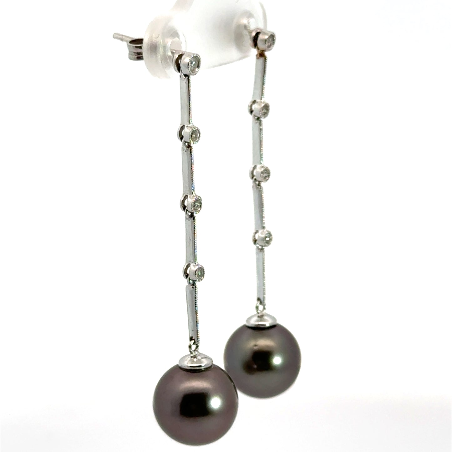 14K White Gold Tahitian Black Pearl Diamond Dangle Earrings
