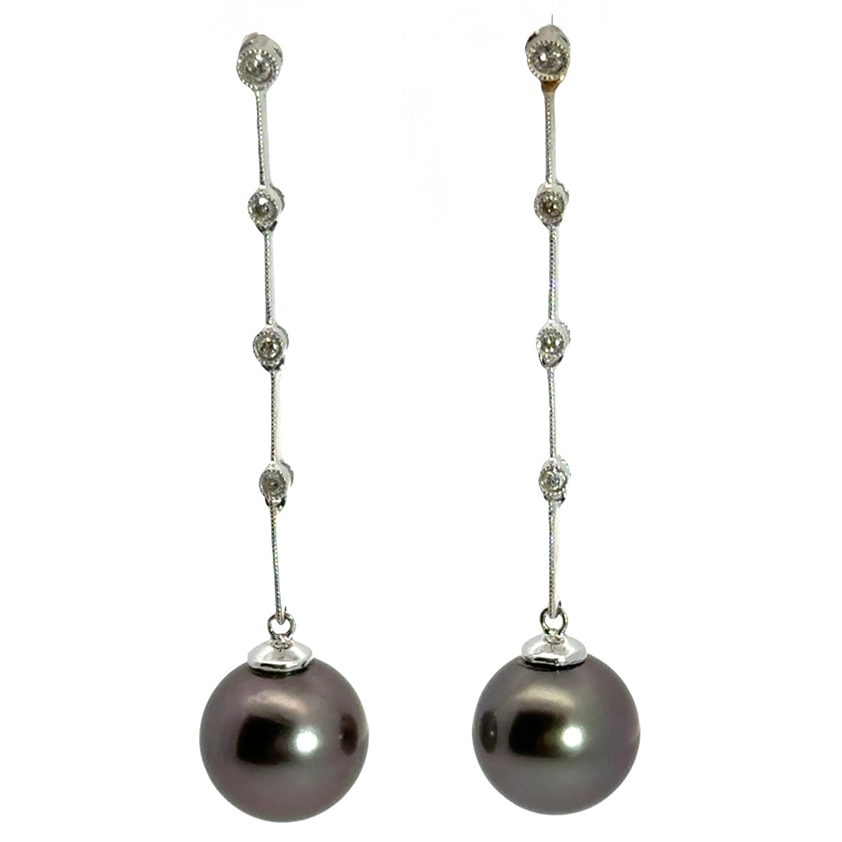 14K White Gold Tahitian Black Pearl Diamond Dangle Earrings