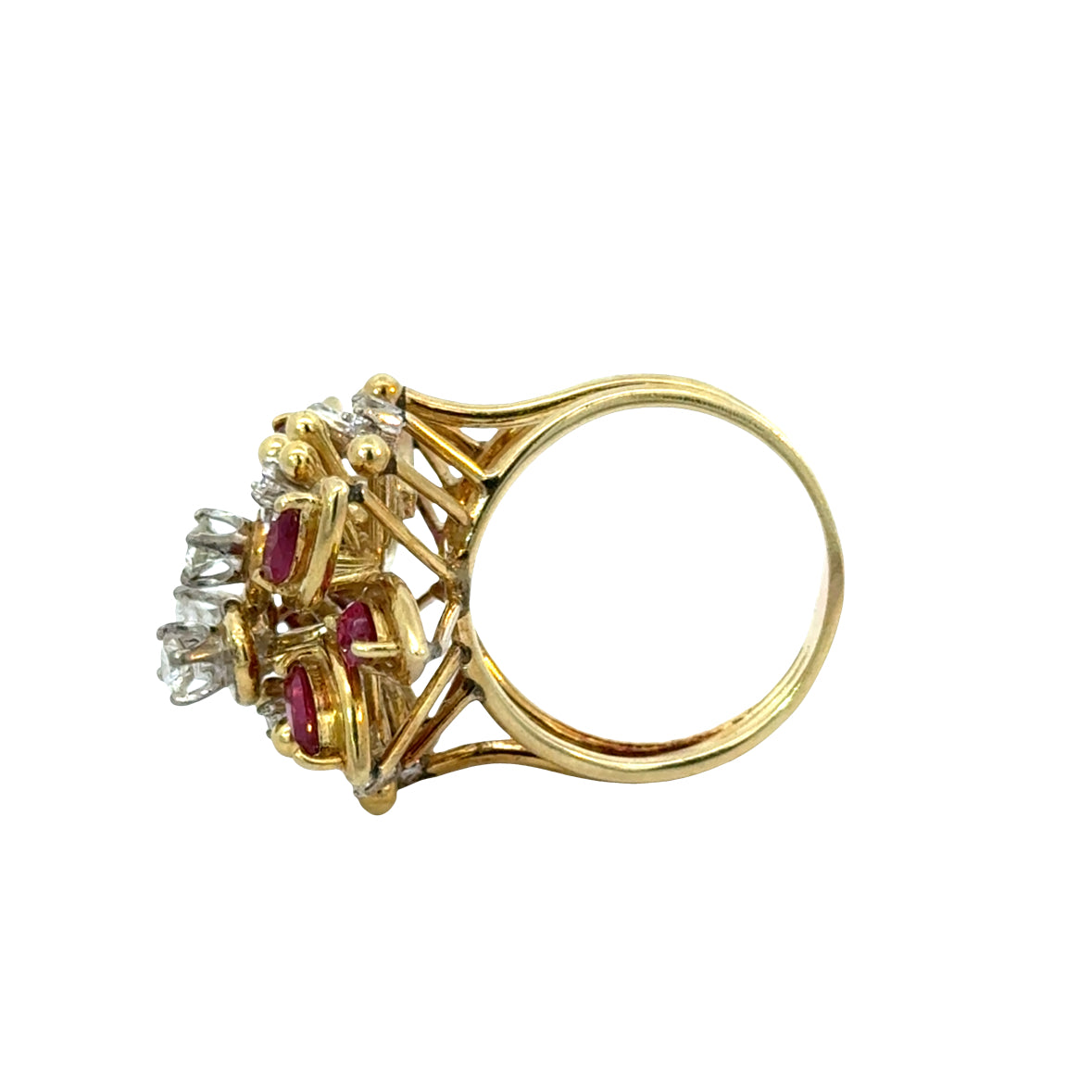 Natural Ruby & Diamond Floral Cluster Ring 18K Yellow Gold