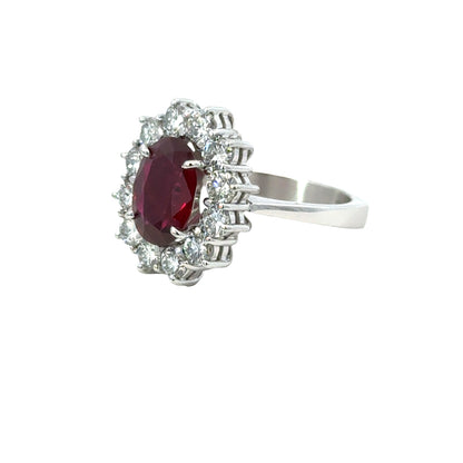 Elegant 18K White Gold Oval Ruby Ring with Diamond Halo