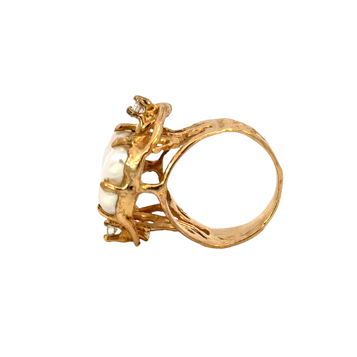 Vintage 1970s 14K Yellow Gold Natural Pearl & Diamond Artistic Statement Ring