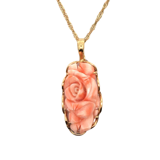 14K Yellow Gold Hand Carved Peachy-Pink Coral Rose Pendant