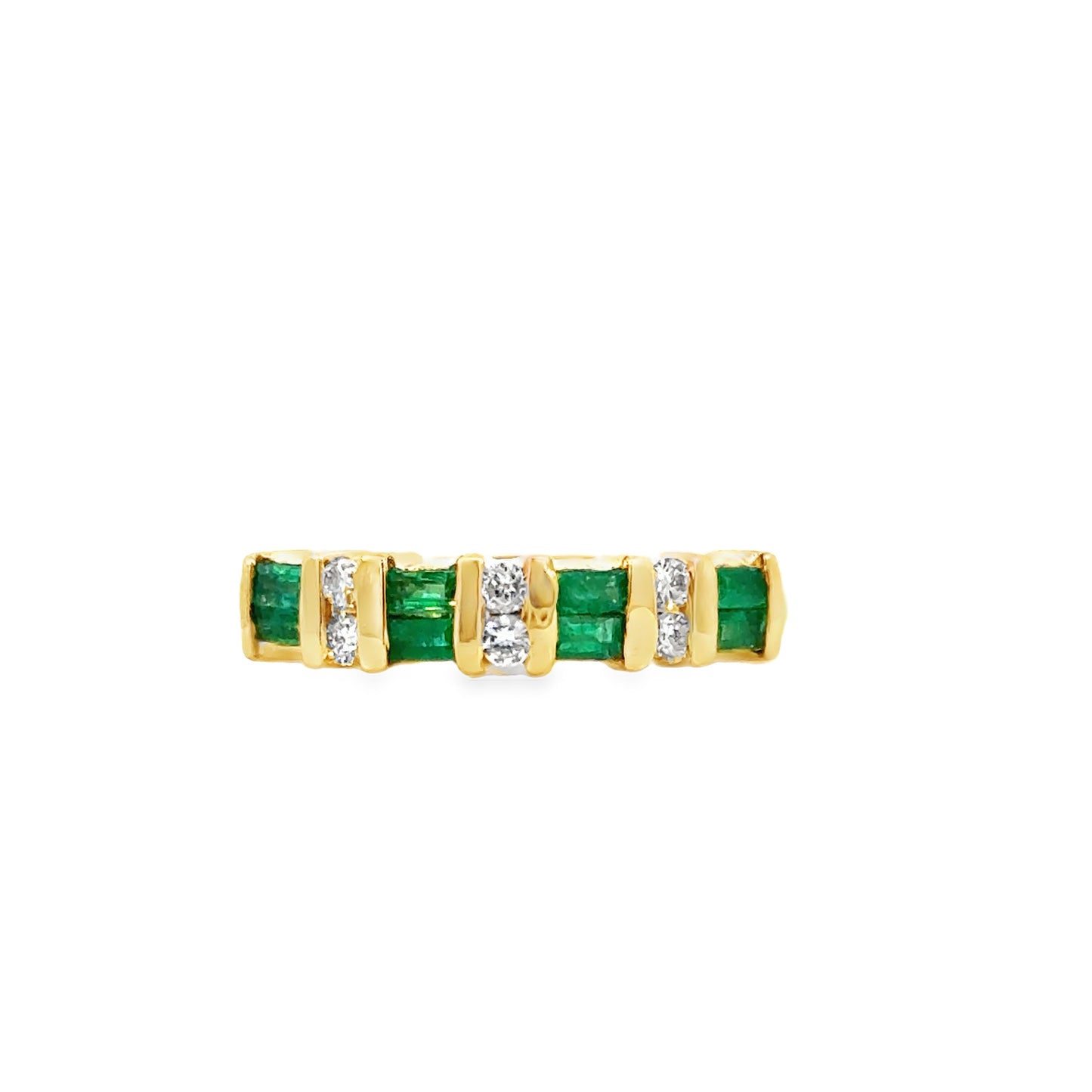 14K Yellow Gold Emerald and Diamond Band Ring – 1980s Vintage