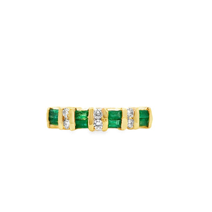 14K Yellow Gold Emerald and Diamond Band Ring – 1980s Vintage