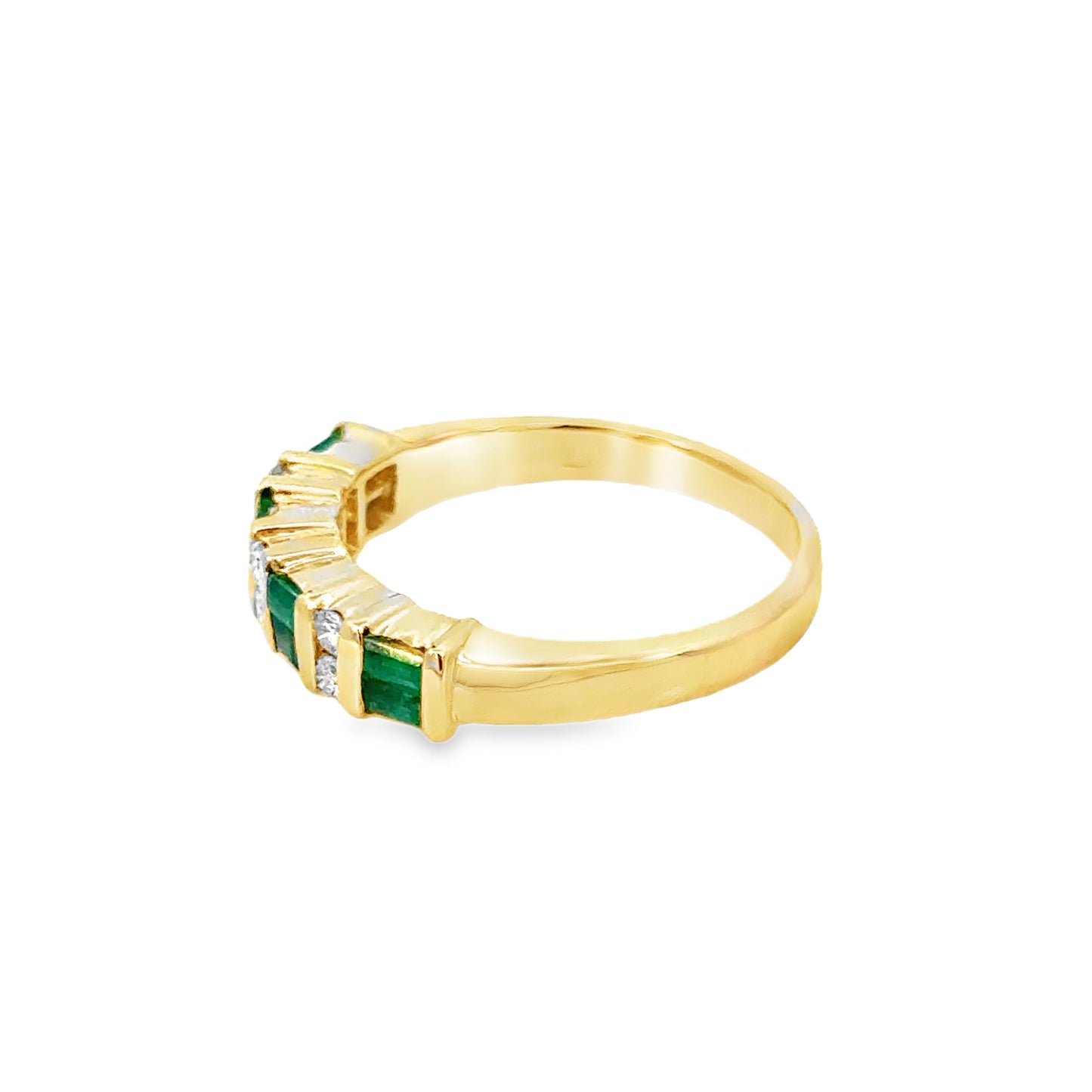 14K Yellow Gold Emerald and Diamond Band Ring – 1980s Vintage