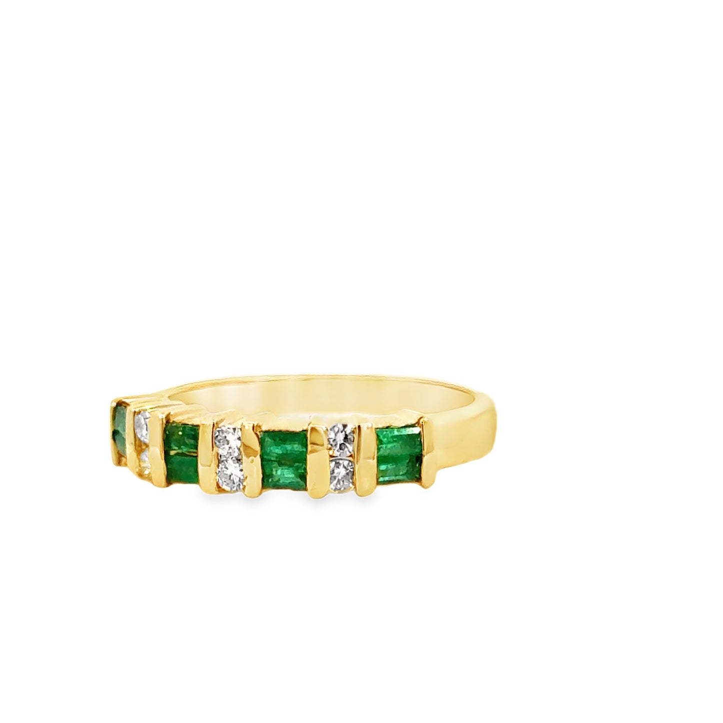 14K Yellow Gold Emerald and Diamond Band Ring – 1980s Vintage