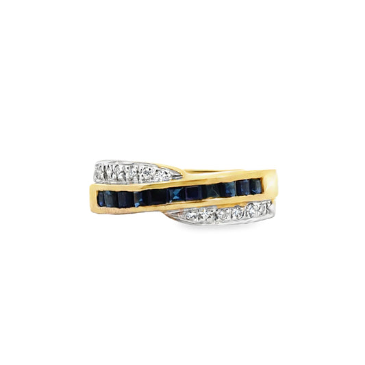 14K Yellow Gold Sapphire & Diamond Wave Band Ring