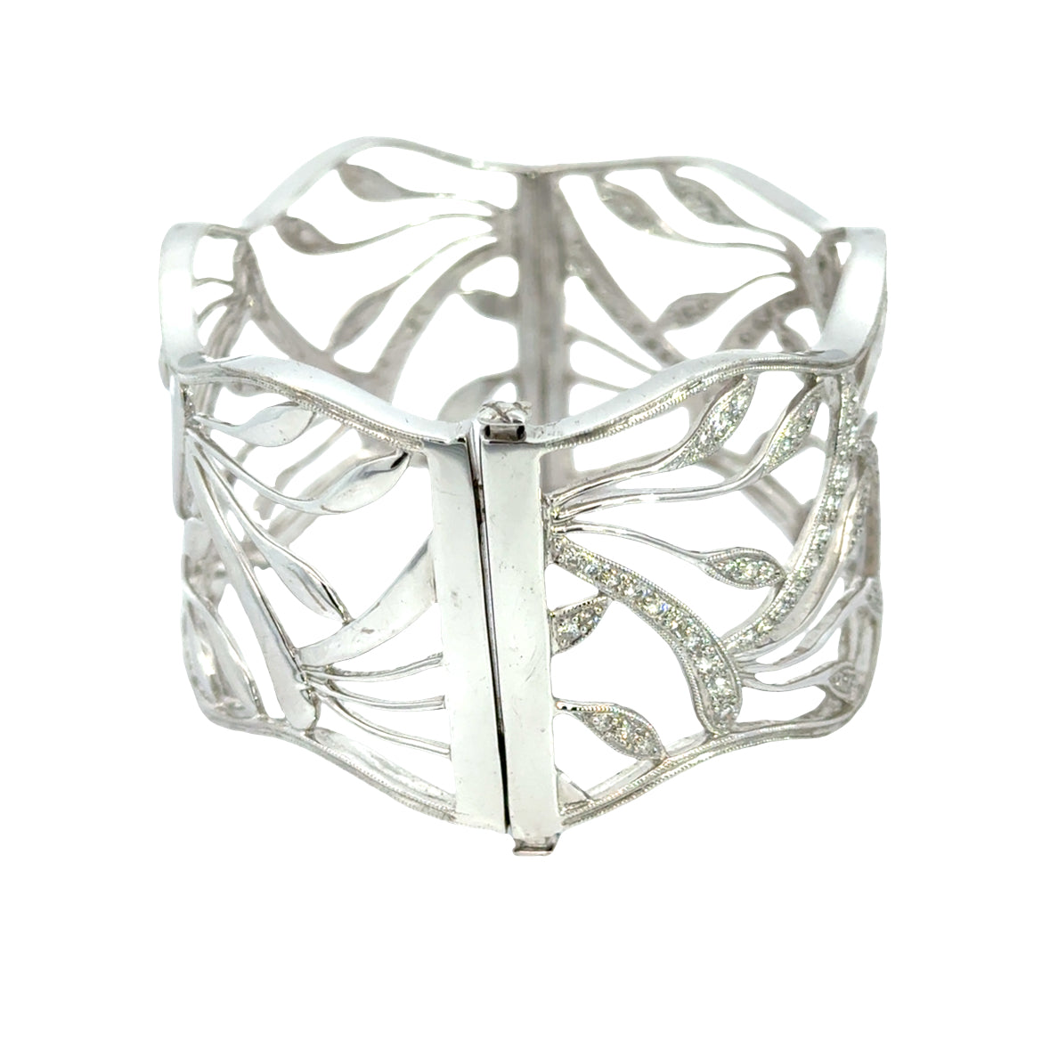 Sculpted Leaf 18K White Gold Diamond Pavé Openwork Cuff Bracelet