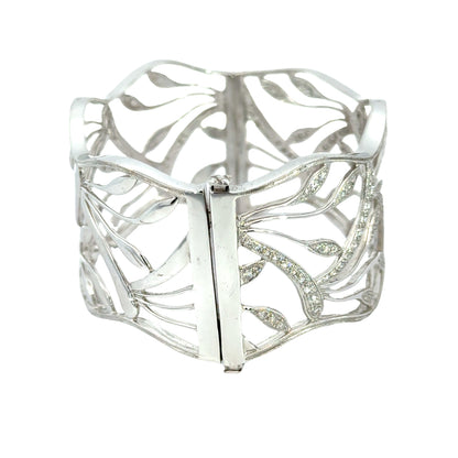 Sculpted Leaf 18K White Gold Diamond Pavé Openwork Cuff Bracelet