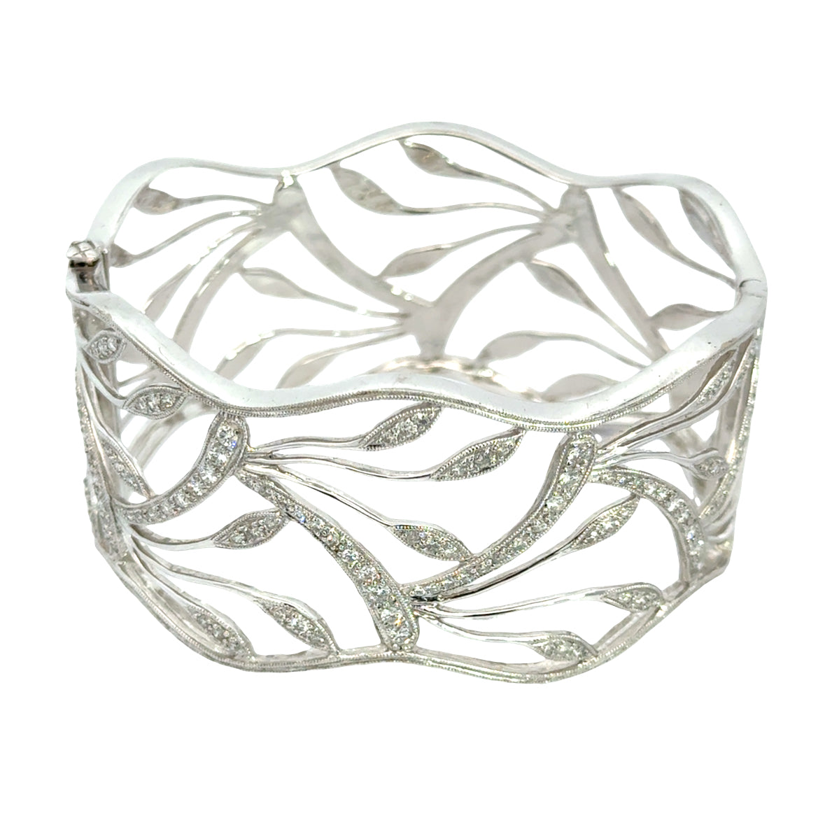 Sculpted Leaf 18K White Gold Diamond Pavé Openwork Cuff Bracelet