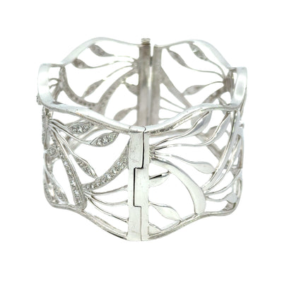 Sculpted Leaf 18K White Gold Diamond Pavé Openwork Cuff Bracelet