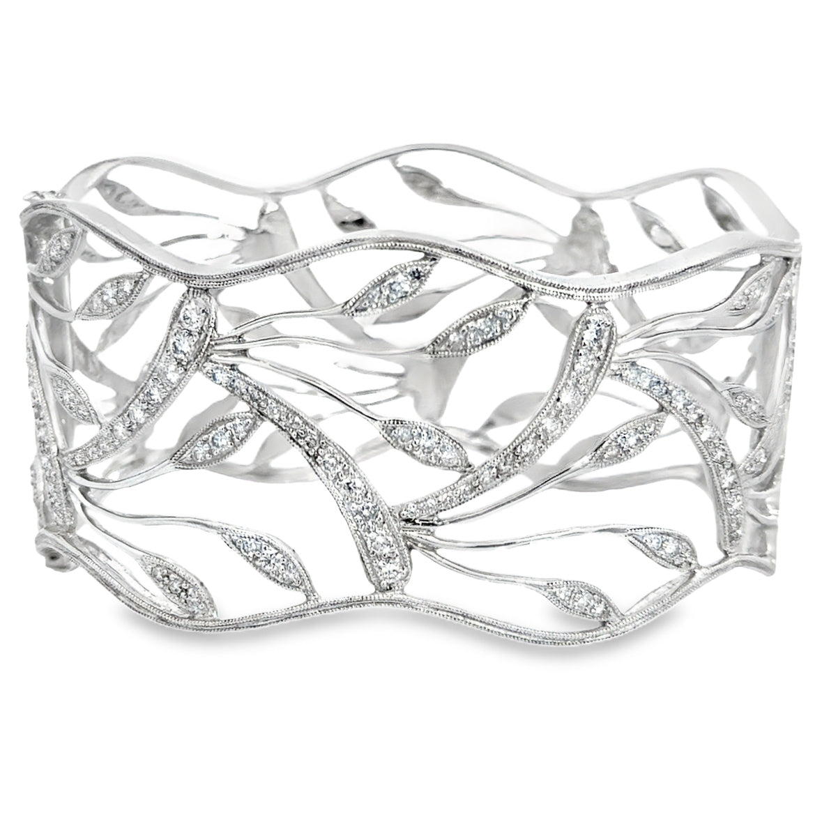 Sculpted Leaf 18K White Gold Diamond Pavé Openwork Cuff Bracelet