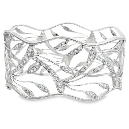 Sculpted Leaf 18K White Gold Diamond Pavé Openwork Cuff Bracelet