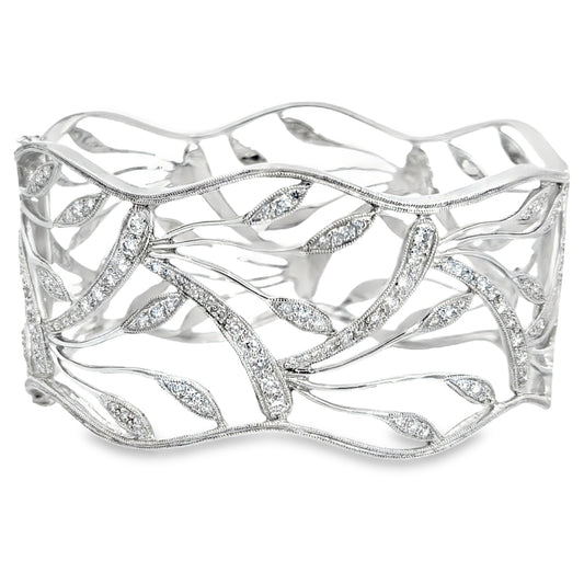 Sculpted Leaf 18K White Gold Diamond Pavé Openwork Cuff Bracelet