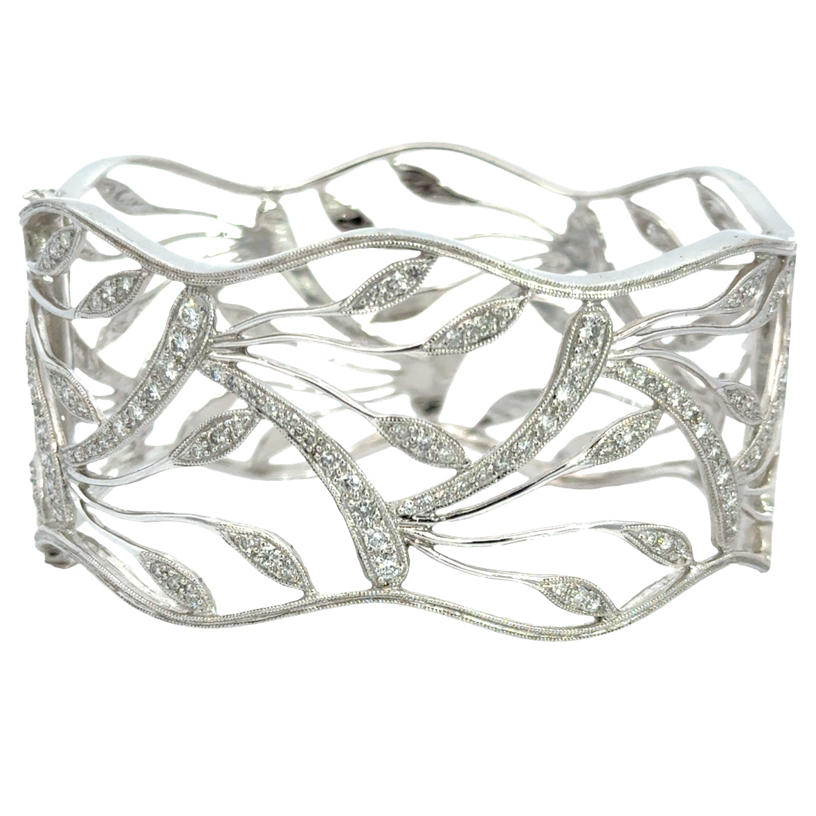 Sculpted Leaf 18K White Gold Diamond Pavé Openwork Cuff Bracelet