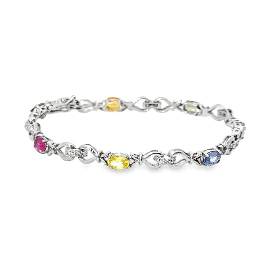 14K White Gold Multi-Color Stone & Diamond Bracelet