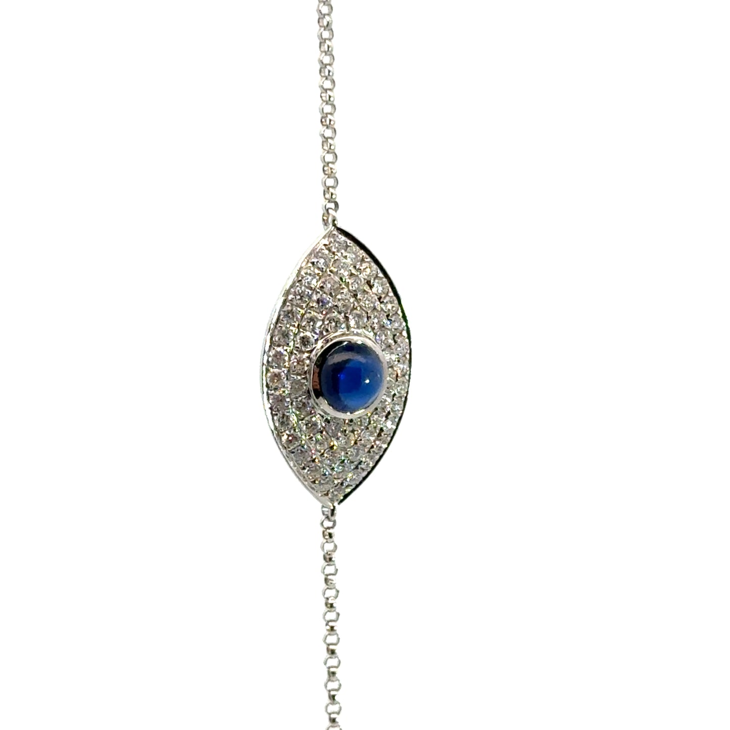 Children’s Sapphire & Diamond Evil Eye Bracelet – 18K White Gold, Adjustable Length