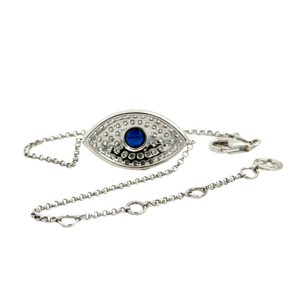 Children’s Sapphire & Diamond Evil Eye Bracelet – 18K White Gold, Adjustable Length