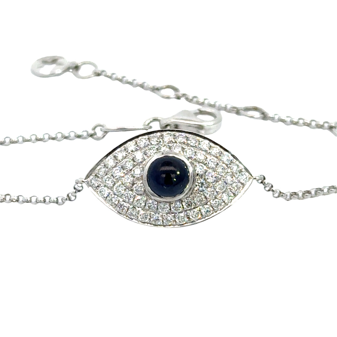 Children’s Sapphire & Diamond Evil Eye Bracelet – 18K White Gold, Adjustable Length