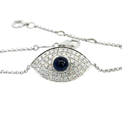 Children’s Sapphire & Diamond Evil Eye Bracelet – 18K White Gold, Adjustable Length
