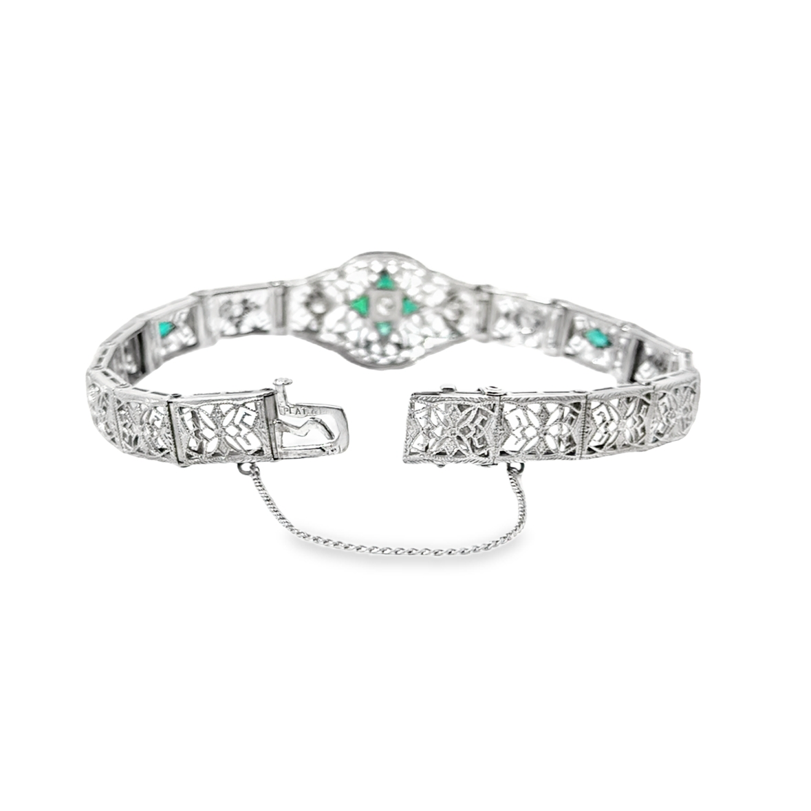 1920’s Exquisite 14K White Gold & Platinum Diamond & Emerald Bracelet