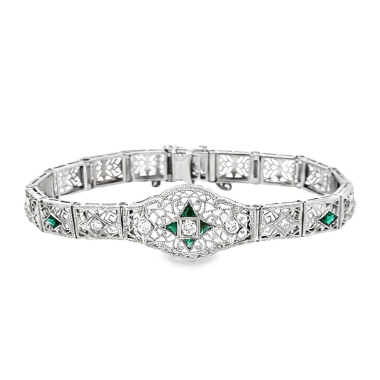 1920’s Exquisite 14K White Gold & Platinum Diamond & Emerald Bracelet