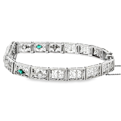 1920’s Exquisite 14K White Gold & Platinum Diamond & Emerald Bracelet