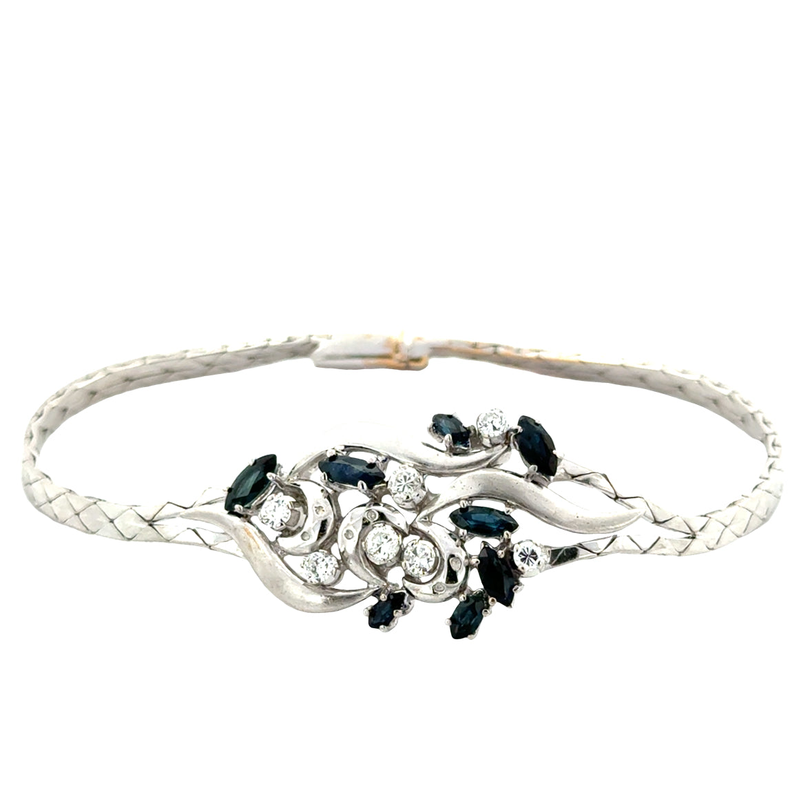 Floral Sapphire & Diamond Ribbon Necklace in 18K White Gold