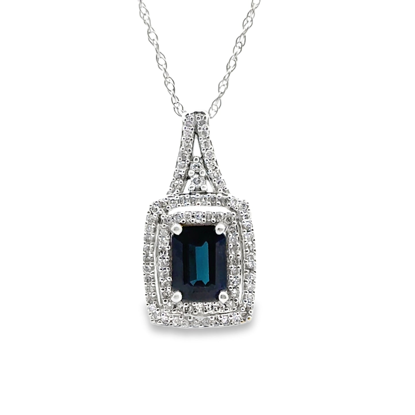 14K White Gold Midnight Elegance: Sapphire & Diamond Halo Pendant