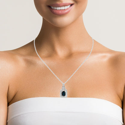 14K White Gold Midnight Elegance: Sapphire & Diamond Halo Pendant