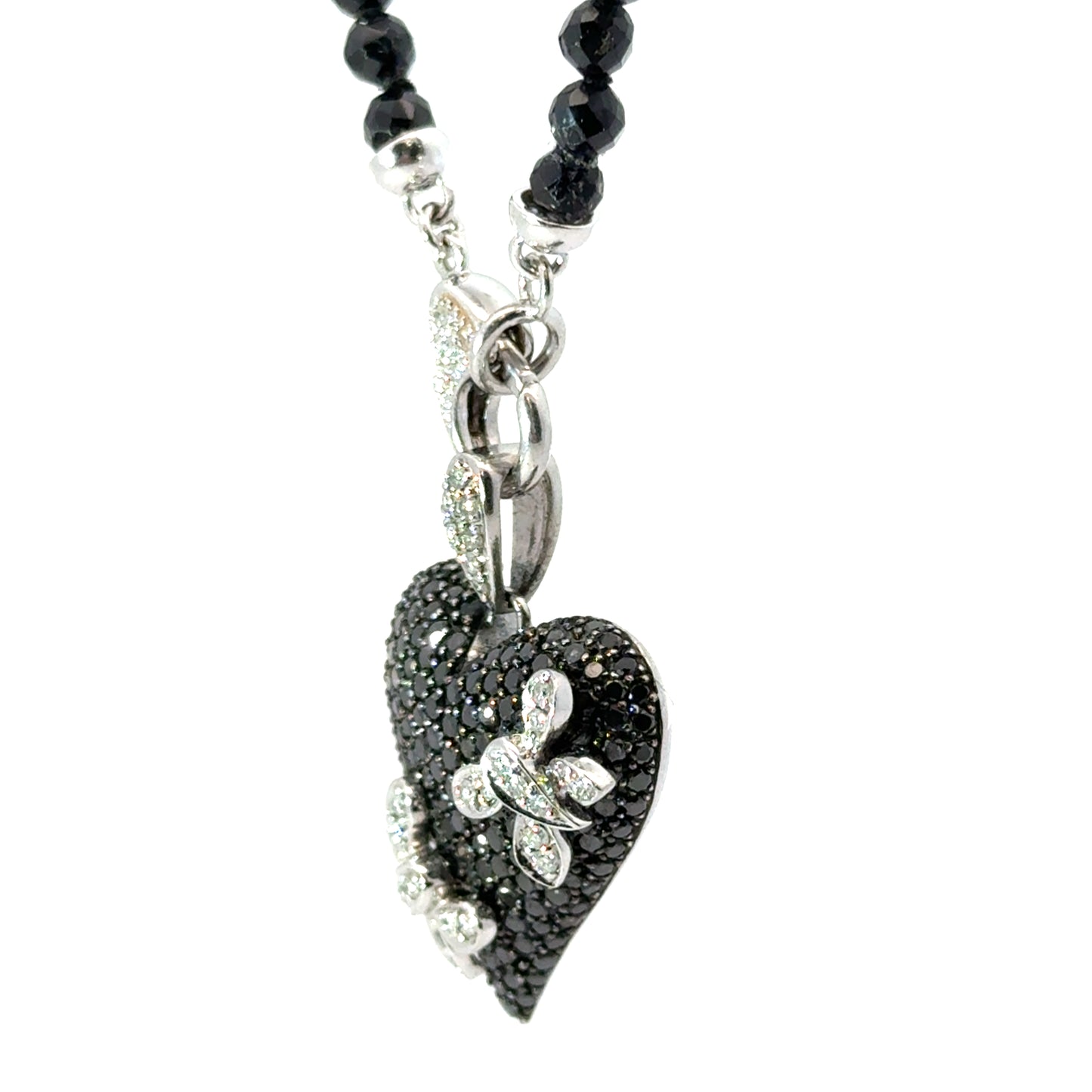 14K White Gold Black Diamond Heart Necklace with Garnet Bead Chain