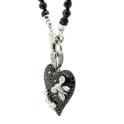 14K White Gold Black Diamond Heart Necklace with Garnet Bead Chain
