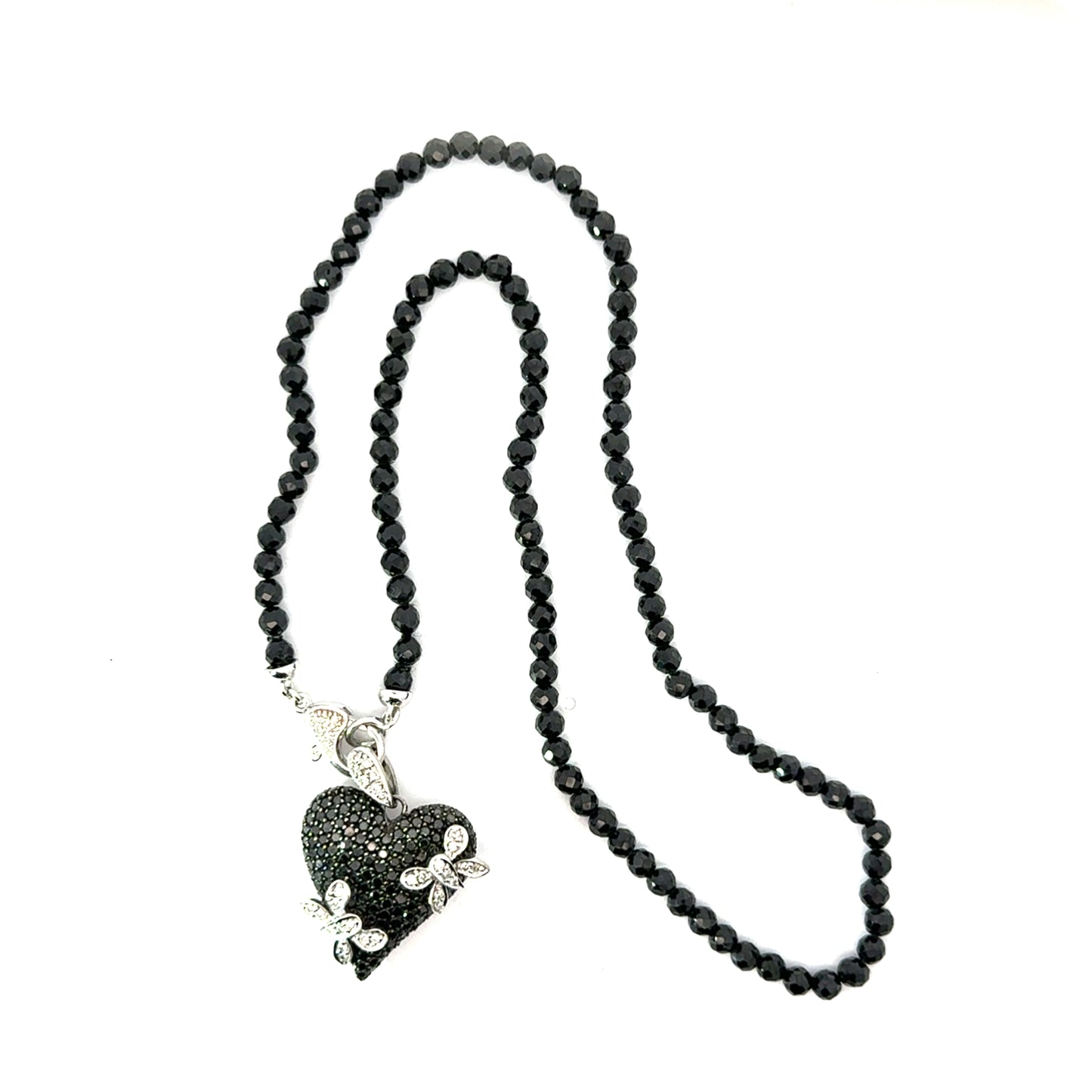 14K White Gold Black Diamond Heart Necklace with Garnet Bead Chain