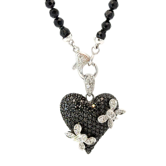 14K White Gold Black Diamond Heart Necklace with Garnet Bead Chain