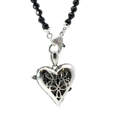 14K White Gold Black Diamond Heart Necklace with Garnet Bead Chain