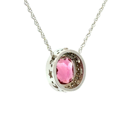 Pink Tourmaline & Diamond Halo Pendant Necklace in 14K White Gold