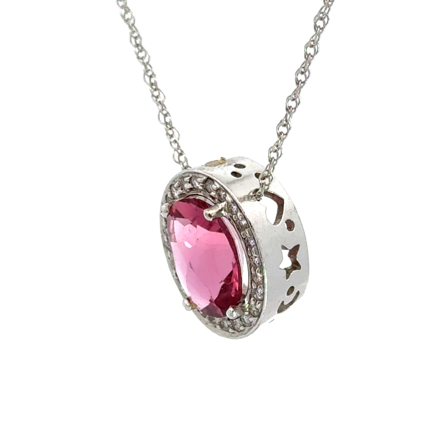 Pink Tourmaline & Diamond Halo Pendant Necklace in 14K White Gold