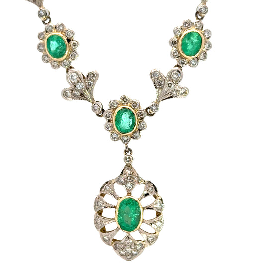 Vintage 18K Yellow Gold Emerald & Diamond Drop Necklace