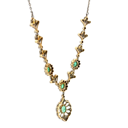 Vintage 18K Yellow Gold Emerald & Diamond Drop Necklace