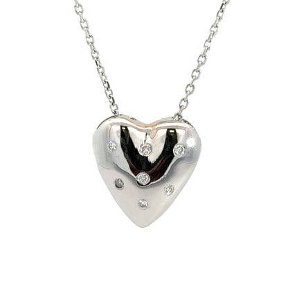 Exquisite 18K White Gold Puff Heart & Diamond Pendant