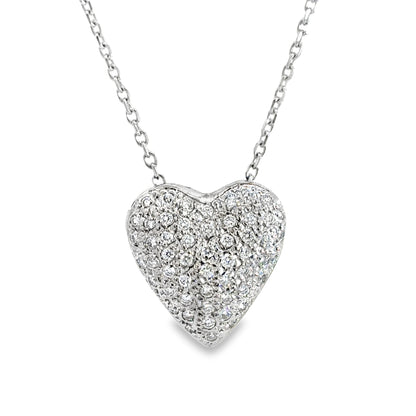 Exquisite 18K White Gold Puff Heart & Diamond Pendant