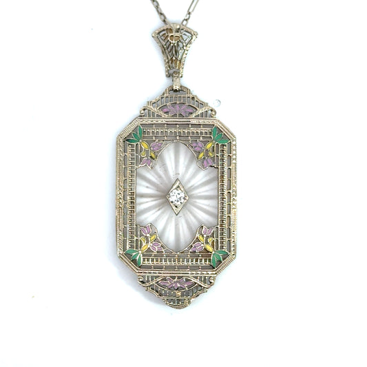 Antique Art Deco 14K White Gold Filigree Rock Crystal Necklace with Enamel & Diamond