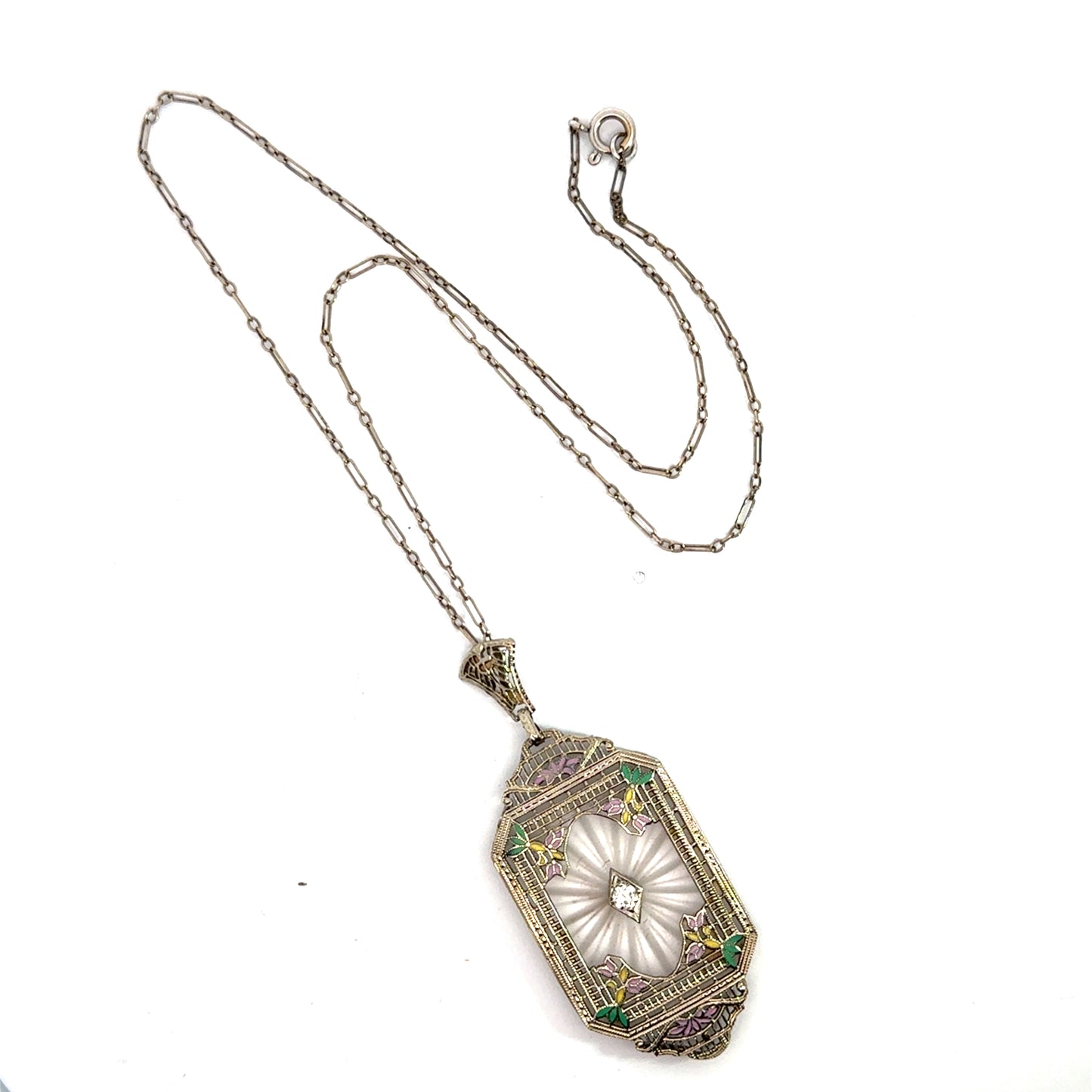 Antique Art Deco 14K White Gold Filigree Rock Crystal Necklace with Enamel & Diamond