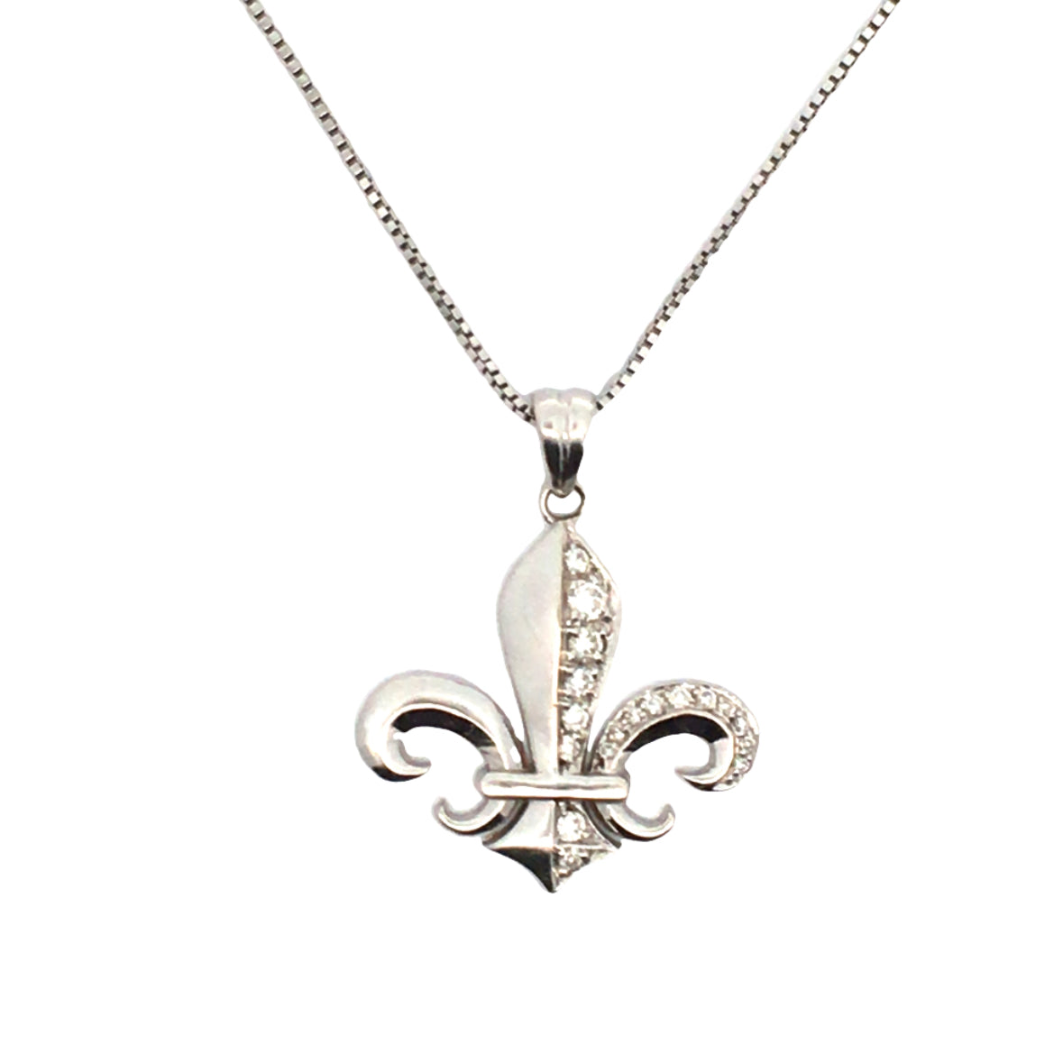 14K White Gold Fleur De Lis Pendant with Diamond Accents