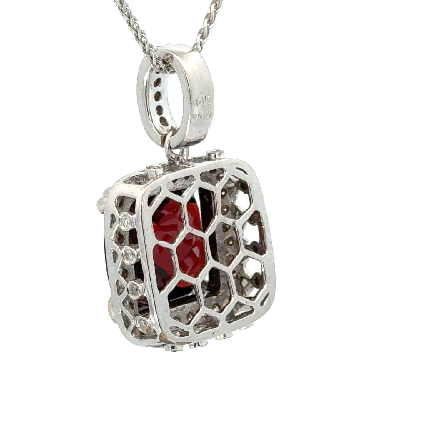 Cushion Cut Garnet Pendant with Diamond Halo 14K White Gold